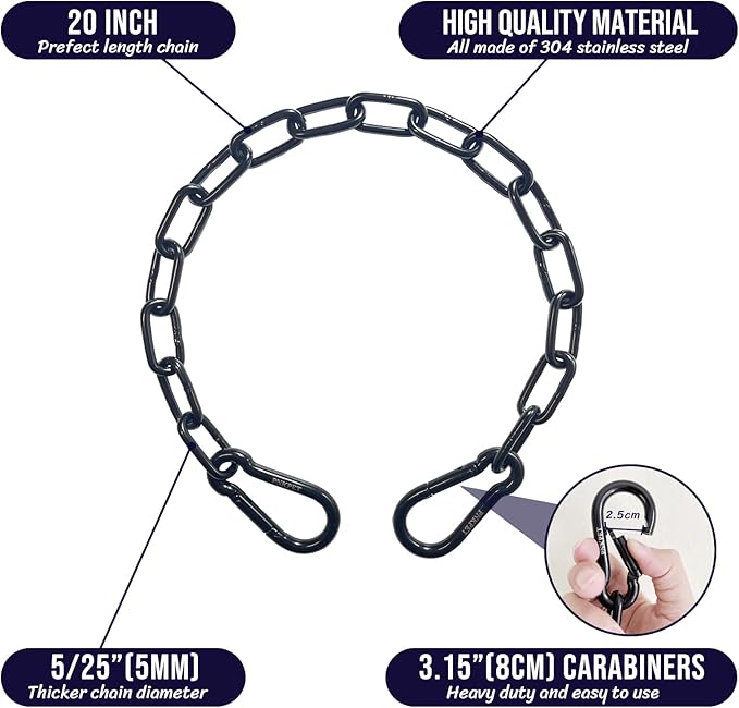 20 inches Heavy Duty Chain Link Fence Gate Chains 900lbs Capacity - Stainless Steel Chain Locks for Outside, Metal Chain for Horses Goats Dogs Stall Barns and Fence Gates, Black, 2 Pack