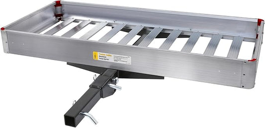 MaxxHaul 50149 500-lb Capacity 50 inch x 22 inch Hitch Mount Premium Folding Aluminum Cargo Carrier Rack Basket with High Side Rails and Reflector Lens for Added Safety