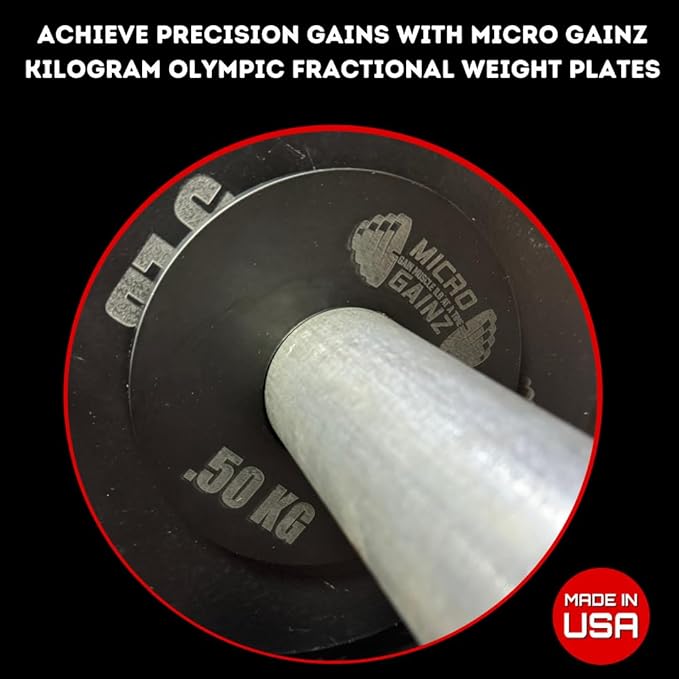 Micro Gainz Olympic Kilogram Fractional Weight Plate Set of 6 Steel Plates- (2-.25KG, 2-.50KG, 2-1KG) Plates -Designed for Olympic Barbells, Used for Strength Training and Micro Loading, Made in USA