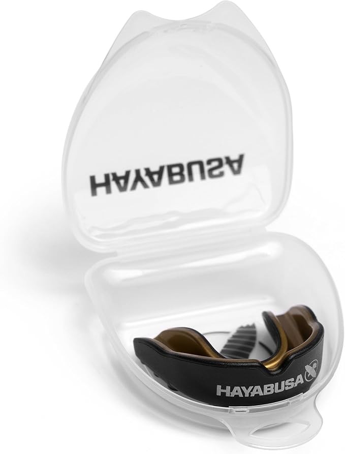 Hayabusa Combat Sports Mouth Guard Youth, Kids and Adult Sizes Comes with Case - Black/Gold, Youth