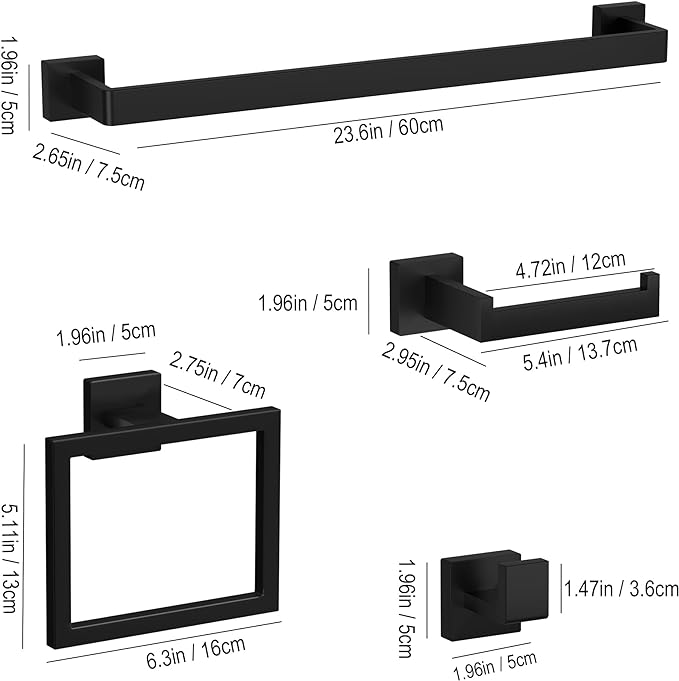 5-Pieces Matte Black Bathroom Accessories Set 23.6 Inch 304 Stainless