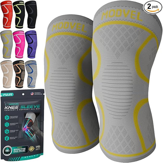 Modvel 2 Pack Knee Brace for Women & Men - Workout Knees Compression Sleeve for Knee Pain Relief Joint Support for ACL, Arthritis, Meniscus Tear Knees Brace for Sports, Rodilleras para Gym Fitness