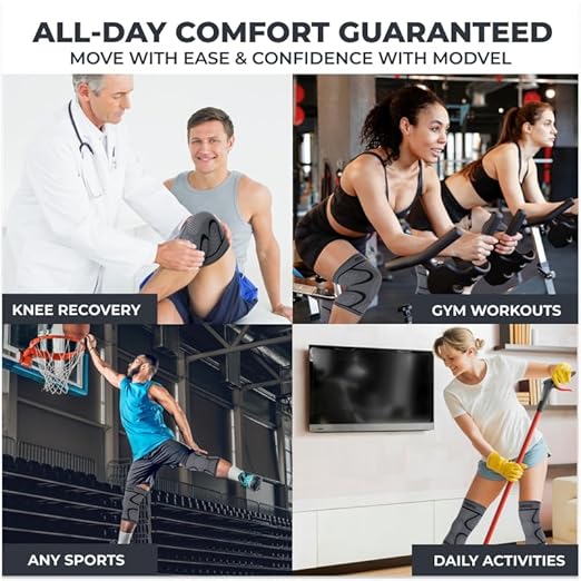 Modvel 2 Pack Knee Brace for Women & Men - Workout Knees Compression Sleeve for Knee Pain Relief Joint Support for ACL, Arthritis, Meniscus Tear Knees Brace for Sports, Rodilleras para Gym Fitness