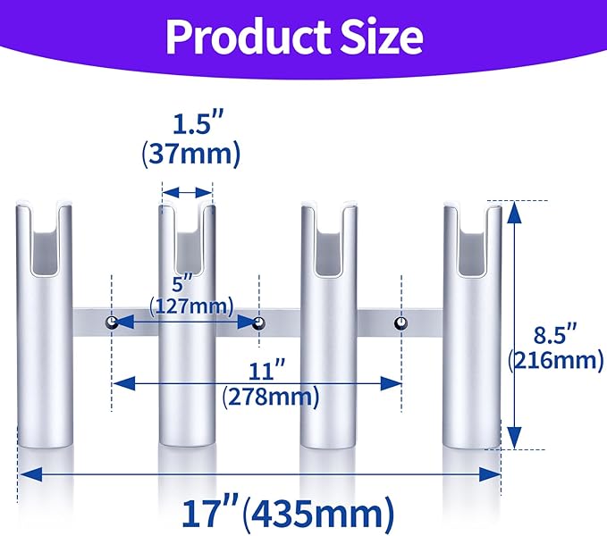 Marinebaby Fishing Rod Holder Aluminum, 3/4 Link Tube， Aluminum 4 Rod Rack, Suit Boats & Yacht