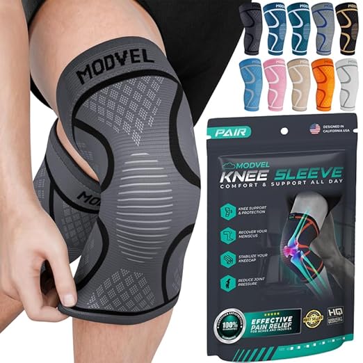 Modvel 2 Pack Knee Brace for Women & Men - Workout Knees Compression Sleeve for Knee Pain Relief Joint Support for ACL, Arthritis, Meniscus Tear Knees Brace for Sports, Rodilleras para Gym Fitness