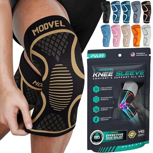 Modvel 2 Pack Knee Brace for Women & Men - Workout Knees Compression Sleeve for Knee Pain Relief Joint Support for ACL, Arthritis, Meniscus Tear Knees Brace for Sports, Rodilleras para Gym Fitness