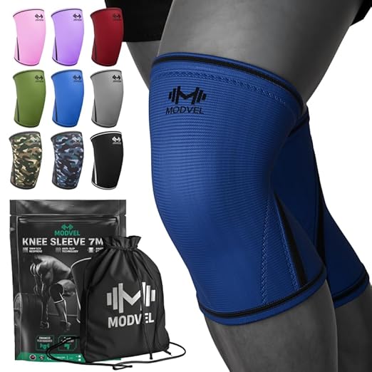 Modvel 7mm Neoprene Knee Sleeves for Men & Women Weightlifting & Powerlifting – Compression Knee Sleeve Support for Squats, Gym, Training – USPA, IPL Approved – Large Blue (Pair)