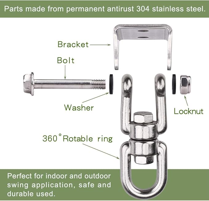 Heavy Duty 360° Swivel Swing Hanger, Stainless Steel Hammock Hook for Ceiling Wooden Porch Swing Hanging kit Playground Gym Rope Boxing Bag Hammock Chair Yoga Mount 1000 lb Capacity