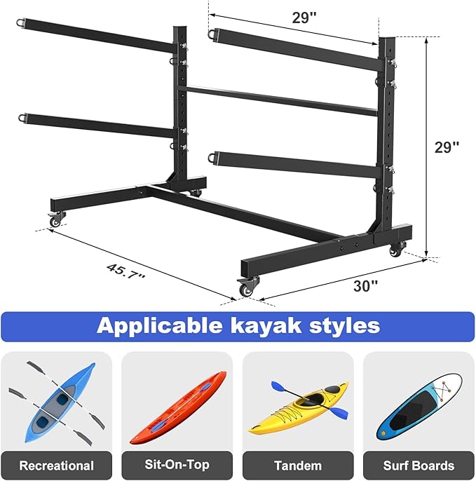 Heavy Duty Freestanding Kayak Storage Rack, Adjustable Metal Stand for Kayaks, Canoes, SUPs, Paddleboards & Surfboards with Lockable Wheels, Indoor & Outdoor Use