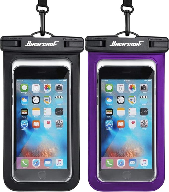 Hiearcool Universal Waterproof Phone Pouch Compatible for iPhone 17 16 15 14 13 Pro Max Plus Up to 8.3", IPX8 Beach Travel Essentials-Black&Purple-2Pack