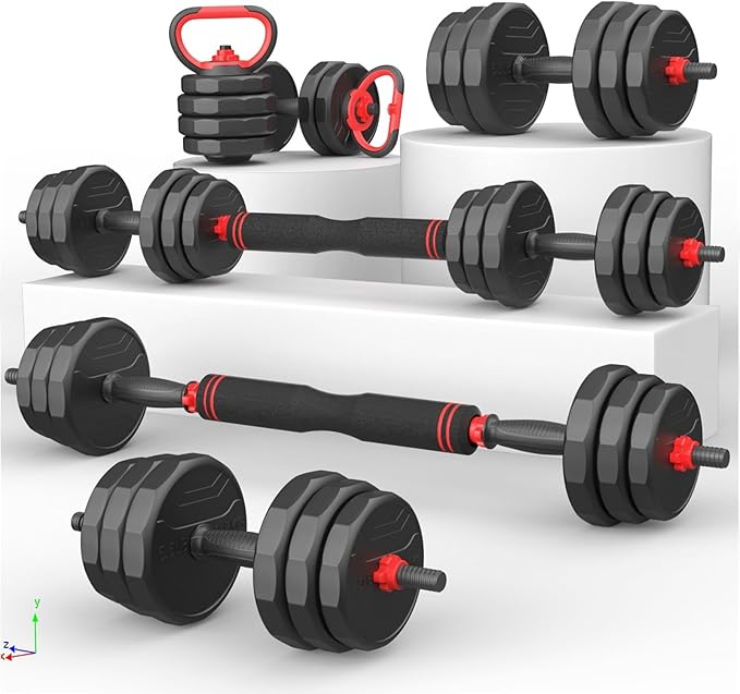 Adjustable Dumbbells, 20/30/40/55/60/70/80/90lbs Free Weights Dumbbells Convertible 2 or 3 in 1 Set Used as Barbell, Kettlebells, A Pair of Lightweight for Home Gym