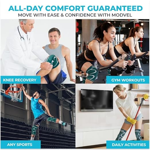 Modvel 2 Pack Knee Brace for Women & Men - Workout Knees Compression Sleeve for Knee Pain Relief Joint Support for ACL, Arthritis, Meniscus Tear Knees Brace for Sports, Rodilleras para Gym Fitness