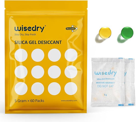 5 Gram [60 Packs] Food Grade Silica Gel Packs Rechargeable Desiccant Dehumidifiers Pouches with Color Indicating Beads Reusable Moisture Absorbers for Food Storage