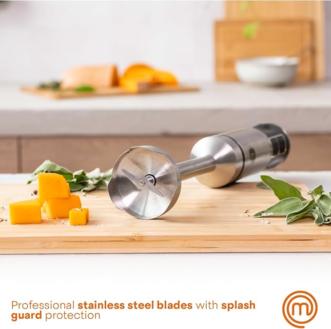 MasterChef Immersion Blender Handheld, Stainless Steel Hand Held Blending Stick Emulsifier with Chopper Attachment and Measuring Jug, Puree Blender for Making Baby Food, Soup, Sauces etc, 400W