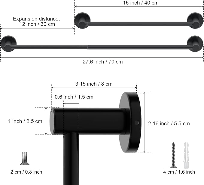 Adjustable Single Bath Towel Bar 16 to 27.6 Inch Washroom,1" Tube