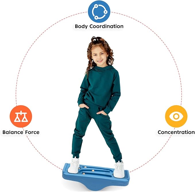 Kids Rocking Seesaw Balance Board with 5 Wooden Balls Sensory Training Rocking Board Balance Training Equipment Children Indoor Outdoor Activity Toy (Blue)