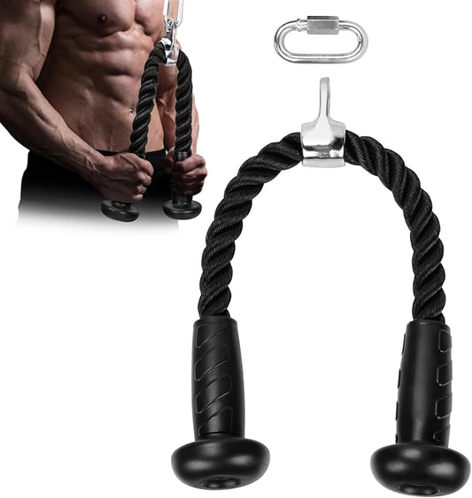 Hikeen Ergonomic Tricep Rope Cable Attachment with Anti-Slippery Rubber Grip,Tricep Pull Down Attachment -Reduces Wrist Pressure and Skin Rubs,Tricep Pull Down Rope for Gym & Home Gym with Carabiner