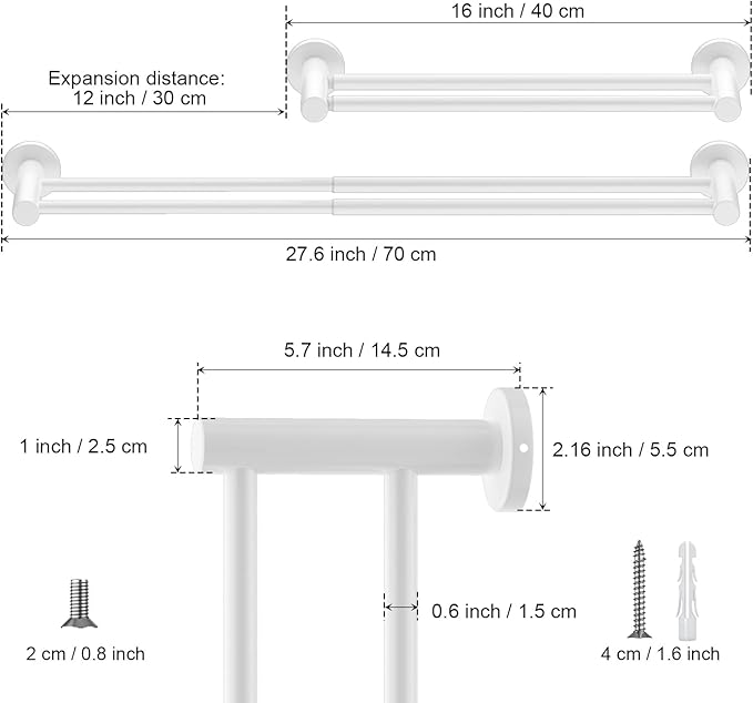 Adjustable Double Bath Towel Bar 16 to 27.6 Inch Kitchen,1" Tube