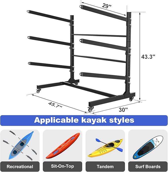 Heavy Duty Freestanding Kayak Storage Rack, Adjustable Metal Stand for Kayaks, Canoes, SUPs, Paddleboards & Surfboards with Lockable Wheels, Indoor & Outdoor Use