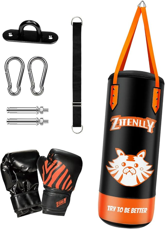 Kids Punching Bag with Gloves - PU Leather & Adjustable Height Strap - Boxing Bag Set for 3-8 Years Kids Great for Boxing, MMA, Kickboxing