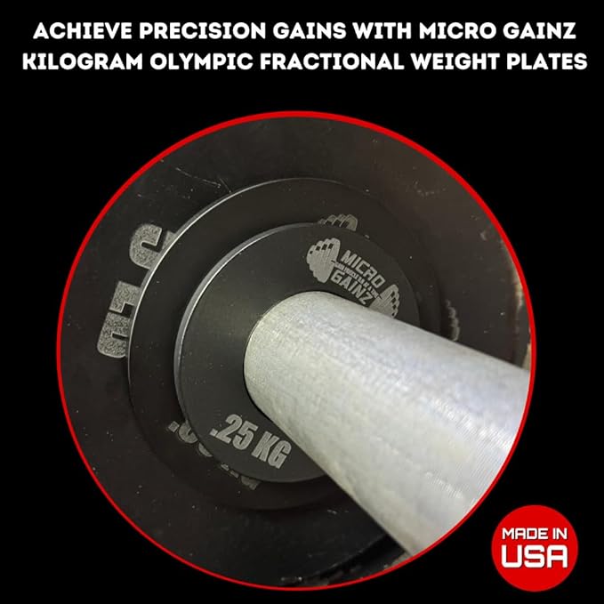 Micro Gainz Olympic Kilogram Fractional Weight Plate Set of 6 Steel Plates- (2-.25KG, 2-.50KG, 2-1KG) Plates -Designed for Olympic Barbells, Used for Strength Training and Micro Loading, Made in USA
