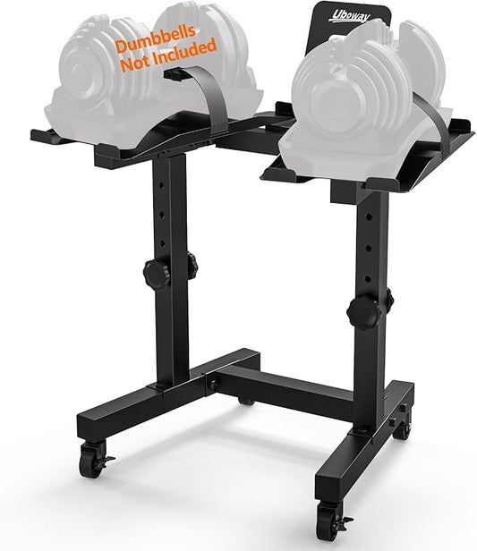 Adjustable Dumbbell Stand - Uboway Weight Stand with 4 Level Height Adjustment, Dumbbell Weight Rack with Tablet Holder and Durable Casters, Weight Holder for Adjustable Dumbbell Set, Home Gym Fitness （Bonus Foot Pads）