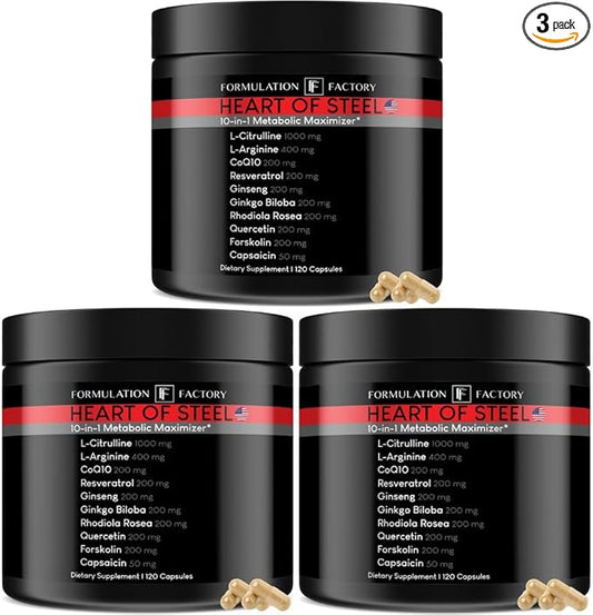 Heart of Steel: 10-in-1 Metabolic Maximizer Nitric Oxide Supplement, Blood Pressure Support, L Arginine, L Citrulline Natural Pre-Workout: Energy Management 120 Count (Pack of 3)