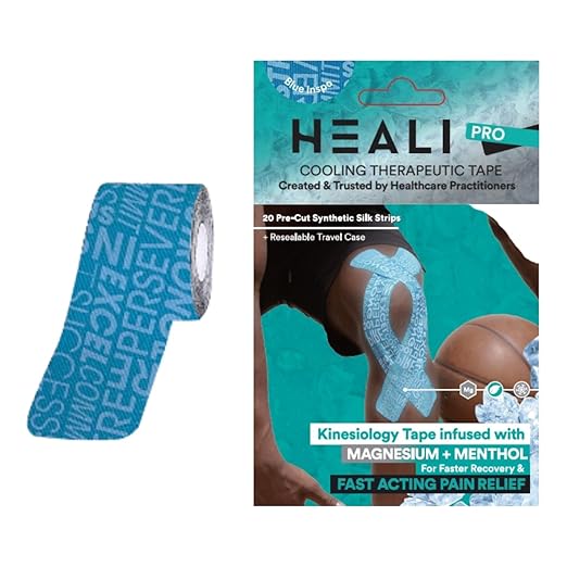 Heali Kinesiology Tape with Magnesium and Menthol, 20 Pcs Precut Strips, K Tape Roll, Knees, Physical Therapy Sports Tape for Muscle and Joint Pain Relief, Water Resistant, Blue Inspo