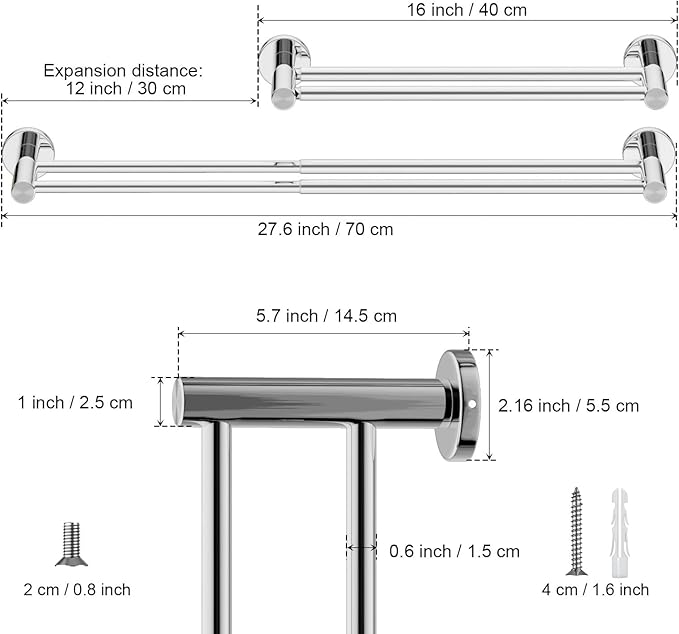 Adjustable Double Bath Towel Bar 16 to 27.6 Inch 1" Tube
