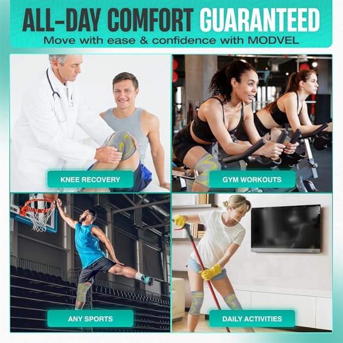 Modvel 2 Pack Knee Brace for Women & Men - Workout Knees Compression Sleeve for Knee Pain Relief Joint Support for ACL, Arthritis, Meniscus Tear Knees Brace for Sports, Rodilleras para Gym Fitness