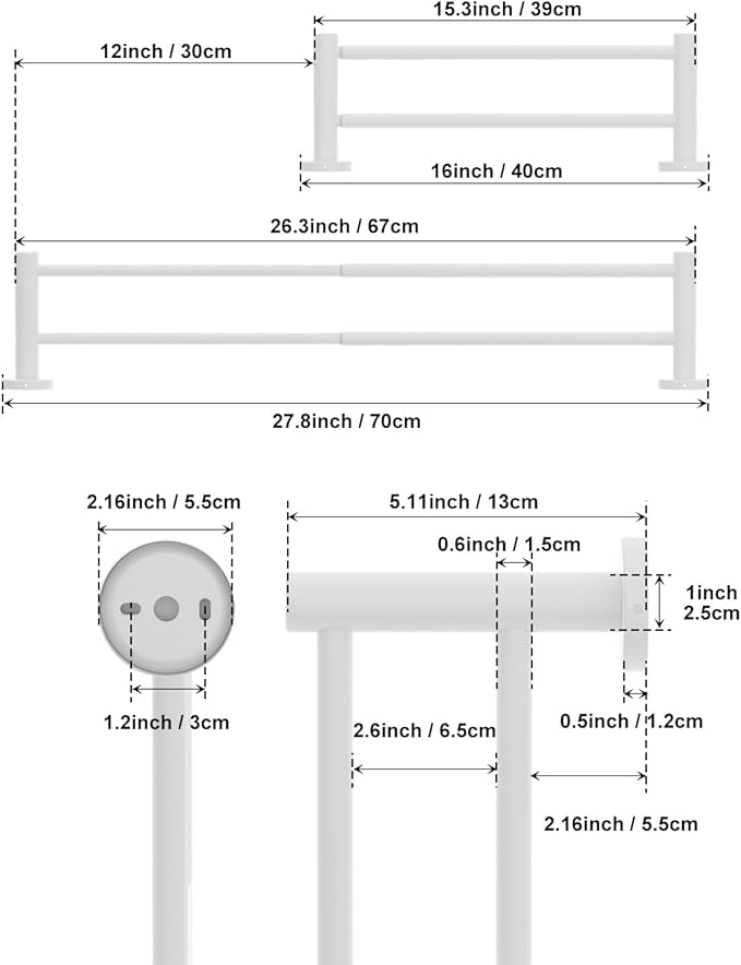 Adjustable 16 to 27.6 Inch Double Towel Bar 1" Diameter