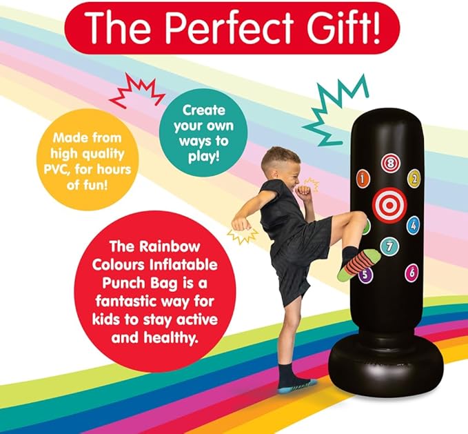Kids Inflatable Punch Bag - Rainbow Colours Sticker Punching Bag and Kids Toys, a Free Standing Inflatable Punch Bag for Great Gifts and Presents for Active Children