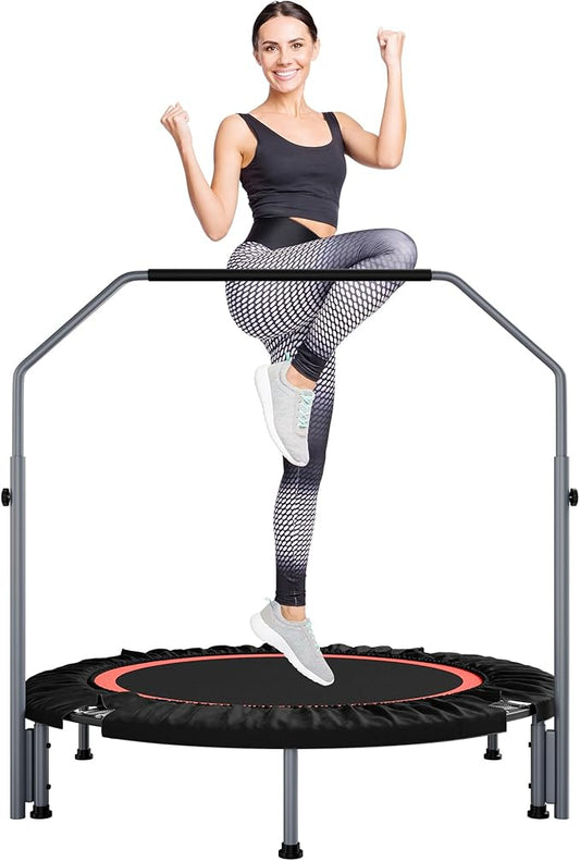 40"/48" Foldable Mini Fitness Rebounder with Adjustable Foam Handle, Max Load 330/440 lbs, Indoor Cardio Exercise Rebounder for Adults