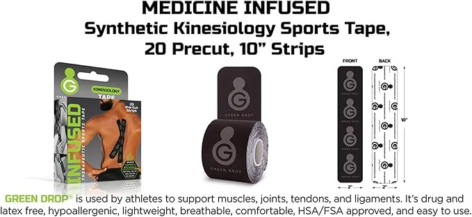 Herbal-Infused, Therapeutic Sports Tape – Stretchable, Breathable & Patented Medical Grade Kinesiology Tape for Natural Relief in Muscles, 20 Precut, 10” Strips