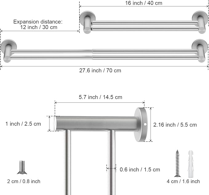 Adjustable Double Bath Towel Bar 16 to 27.6 Inch Kitchen,1" Tube