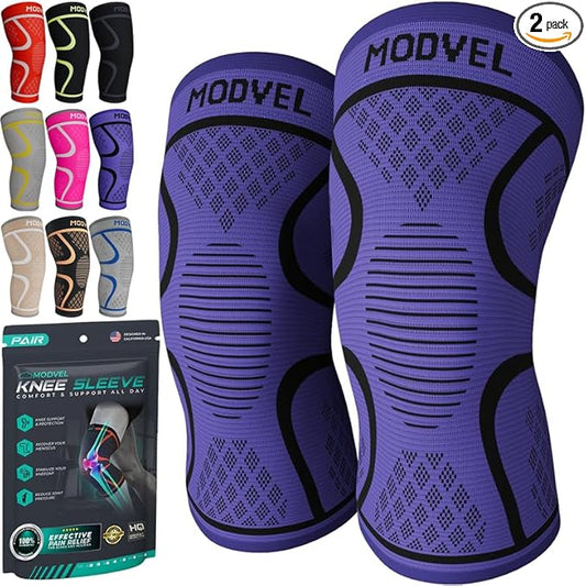 Modvel 2 Pack Knee Brace for Women & Men - Workout Knees Compression Sleeve for Knee Pain Relief Joint Support for ACL, Arthritis, Meniscus Tear Knees Brace for Sports, Rodilleras para Gym Fitness