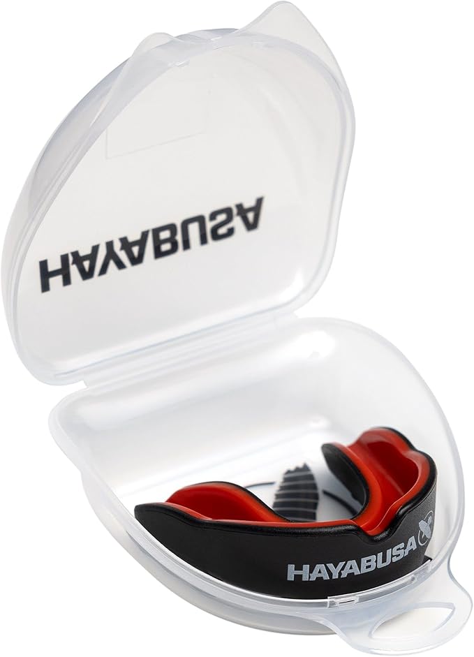 Hayabusa Combat Sports Mouth Guard Youth, Kids and Adult Sizes Comes with Case - Black/Red, Youth