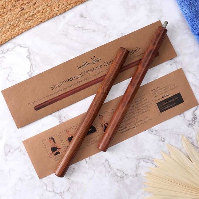 HealthAndYoga™ StretchNHeal Collapsible Multi-Use Wooden Yoga Stick - Regular and XL - Portable Posture Corrector Pole, Stretch Mobility Stick, Physical Workout Exercise Dowel