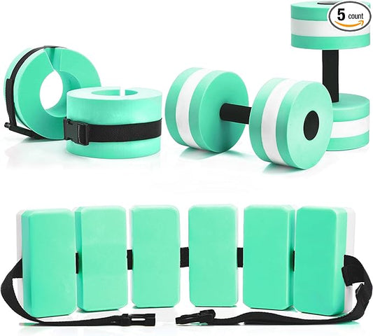 5 Pcs Aquatic Exercise Set Including 2 Ankle Swimming Weights 2 Lightweight Aquatic Exercise Dumbbells and Swim Belt Pool Exercise Equipment for Aquatic Aerobics Exercise