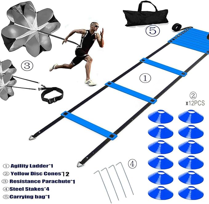 20ft Sports Agility Ladder, Agility Training Equipment for Football, Exercise, Tennis, Legs Workout with Speed Parachute, Cones and Carry Bag