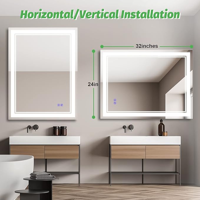 24 x 32 Inch Led Mirror for Bathroom 3 Colors CRI95+, Memory