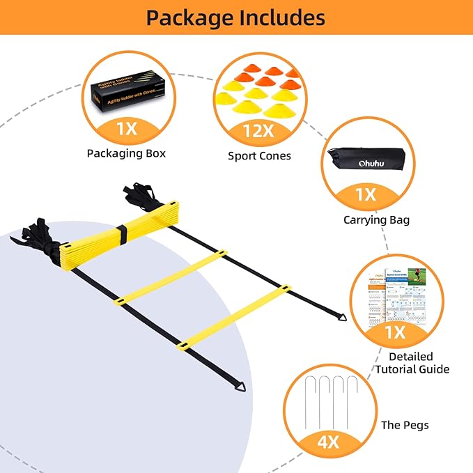 Agility Ladder Speed Training Set: Ohuhu 12 Rung 20ft Soccer 12 Cones, 4 Steel