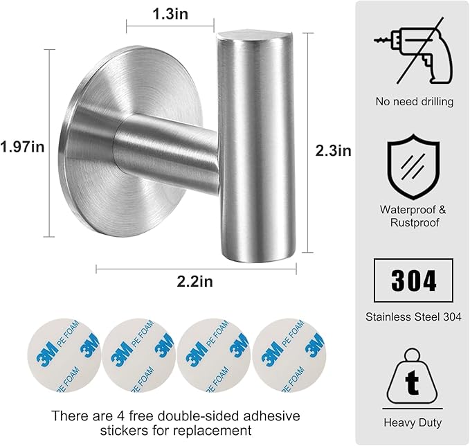 Adhesive Hooks Brushed Nickel SUS304 Stainless Steel Towel 4 Pack