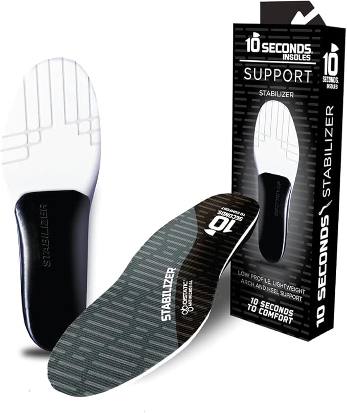 10 Seconds Stabilizer Insole, Medium Corrective Arch, Soft Support, Designed for Instability and Low-Profile Footwear, Deep Heel Cup, Anti Odor and Blister Topper (M 12.5/13.5)