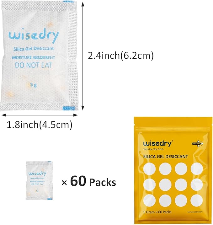 5 Gram [60 Packs] Food Grade Silica Gel Packs Rechargeable Desiccant Dehumidifiers Pouches with Color Indicating Beads Reusable Moisture Absorbers for Food Storage