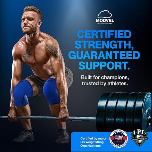 Modvel 7mm Neoprene Knee Sleeves for Men & Women Weightlifting & Powerlifting – Compression Knee Sleeve Support for Squats, Gym, Training – USPA, IPL Approved – Large Blue (Pair)