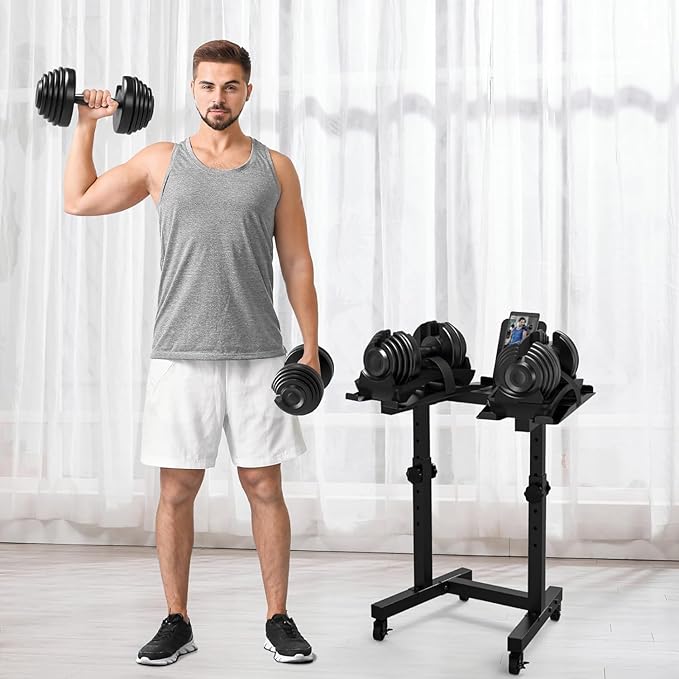 Adjustable Dumbbell Stand - Uboway Weight Stand with 4 Level Height Adjustment, Dumbbell Weight Rack with Tablet Holder and Durable Casters, Weight Holder for Adjustable Dumbbell Set, Home Gym Fitness （Bonus Foot Pads）