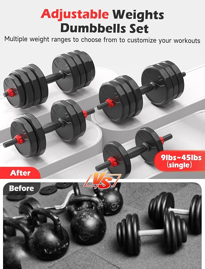 Adjustable Dumbbells, 20/30/40/55/60/70/80/90lbs Free Weights Dumbbells Convertible 2 or 3 in 1 Set Used as Barbell, Kettlebells, A Pair of Lightweight for Home Gym