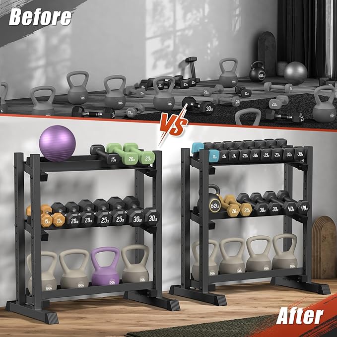 3-Tier Dumbbell Rack Stand Only, 1100LB Capacity Adjustable Weight Rack for Home Gym, Heavy-Duty Weight Stand for Dumbbells & Kettlebells(Rack Only)