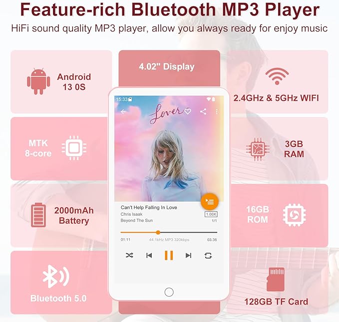 144GB MP3 Player with Bluetooth WiFi, Android 13 OS MP3 MP4 Player with 4" Touchscreen and Speaker, MP3 Music Players with Spotify, Audible, Amazon Music, Play Store (Pink)
